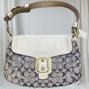 2007 Coach Bleecker Denim Signature C White Leather Trim Flap Bag Satchel 11772